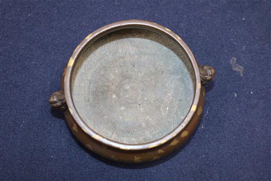 A 17th/18th century Chinese gold splashed bronze censer, Xuande mark, 19th century wood cover, jade finial H.8cm